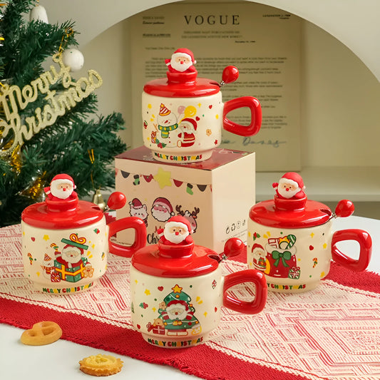 Christmas ceramic cup with lid, 8cm height, 9cm caliber, 301-400ml, round single-layer cartoon festive design