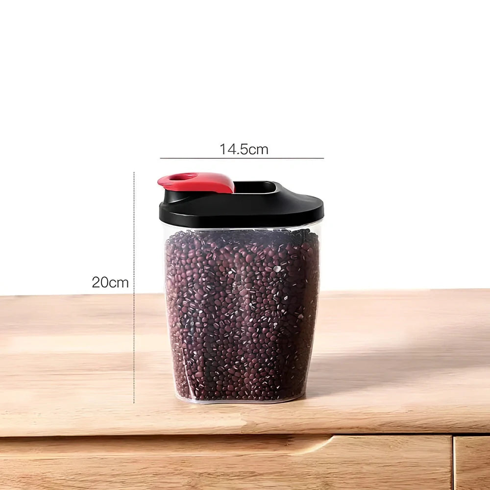 Automatic rice storage container with push-button dispenser and transparent viewing window