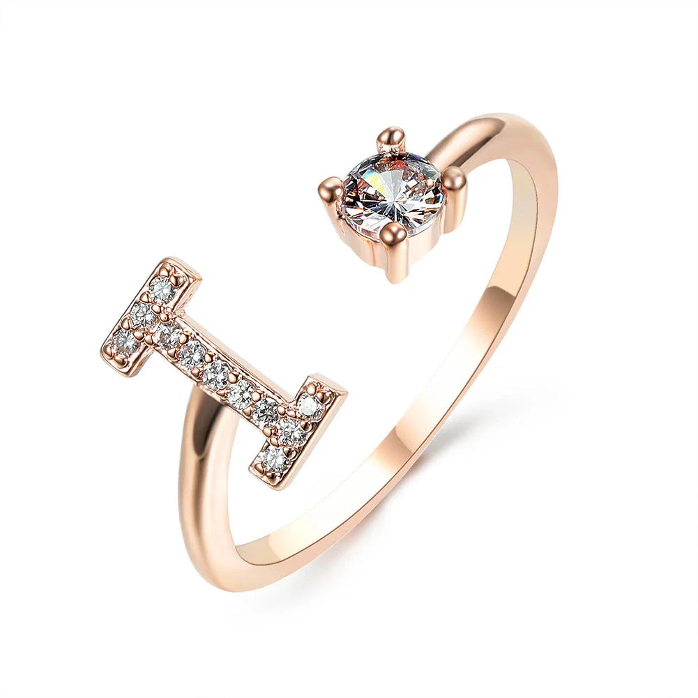 Personalized Initial Letter Adjustable Ring made of copper alloy and zircon, showcasing a vintage-inspired design