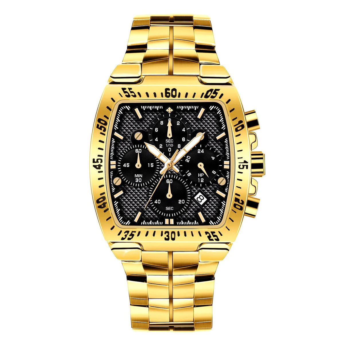 Men's seven needle steel belt quartz watch with pointer display, 30M waterproof, in black, blue, gold, or silver