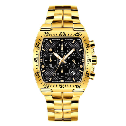Men's seven needle steel belt quartz watch with pointer display, 30M waterproof, in black, blue, gold, or silver
