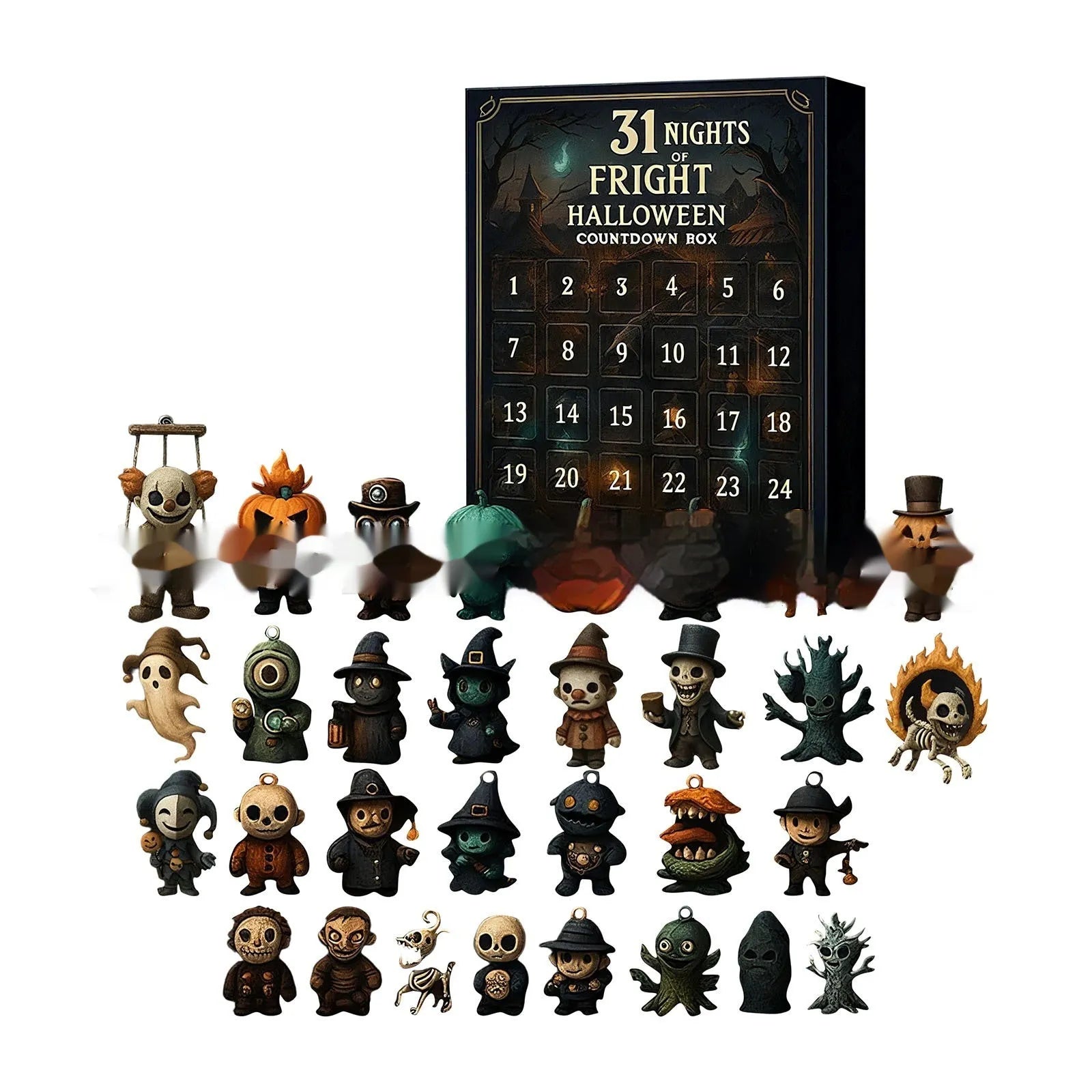 Halloween blind box advent countdown with resin dolls in plastic packaging for Christmas