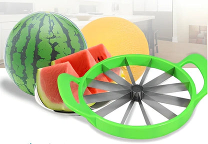 Green watermelon slicer with stainless steel blades and plastic handles for cutting melons