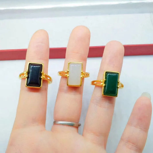 Adjustable brass ring with gold electroplating and inlaid gemstone in national style design