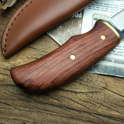 Outdoor survival knife with 8cm stainless steel blade and mahogany handle