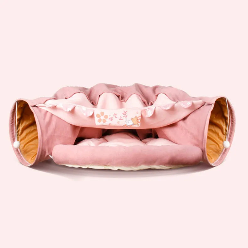 Collapsible cat tunnel in cloth material showing Bar, Coffee, Matcha and Pink colour options
