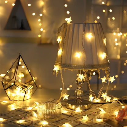 LED five-pointed star string lights with copper wiring in multiple colour options and length configurations