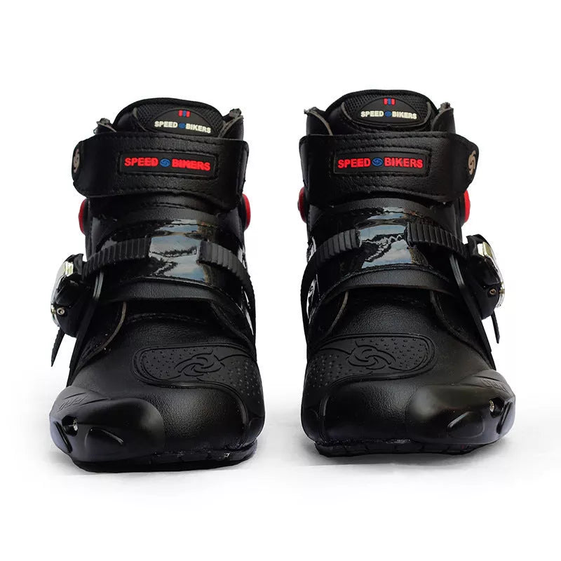 Road motorcycle ankle boots with anti-twist design in red, black, and white