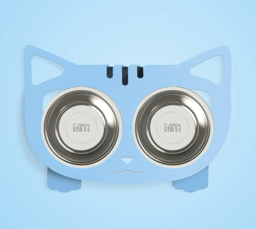 Elevated anti-spill pet food and water bowls in various color options, featuring a sleek and inclined design to prevent spills and keep meals fresh.