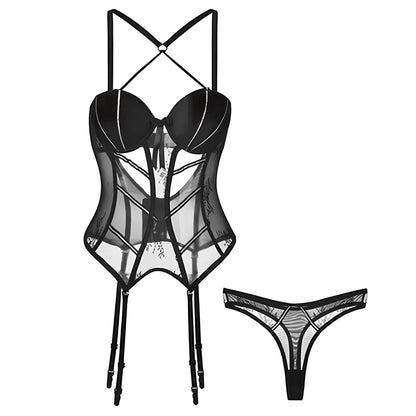 Black hollow-out nylon lingerie set with thin straps, one size fitting 58-80 cm bust, 37 cm length