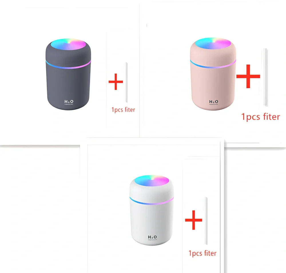 Compact USB car humidifier with colourful LED light and 300ml water tank for vehicle use