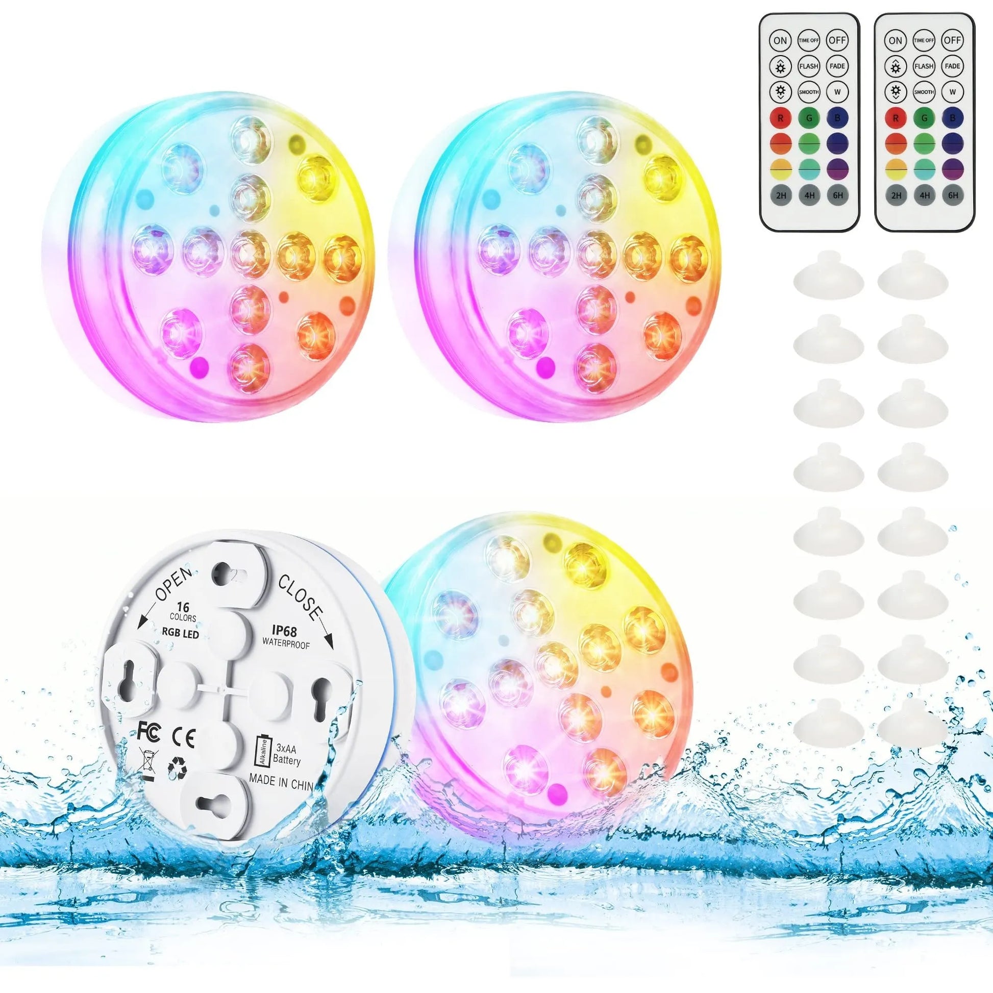 Remote control and small round colour-changing LED diving light with ABS case for underwater use.