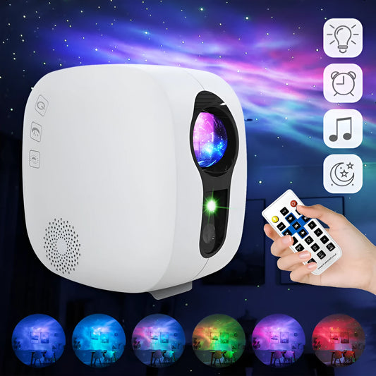Black laser starry sky projector projecting colourful nebula patterns with moon shapes
