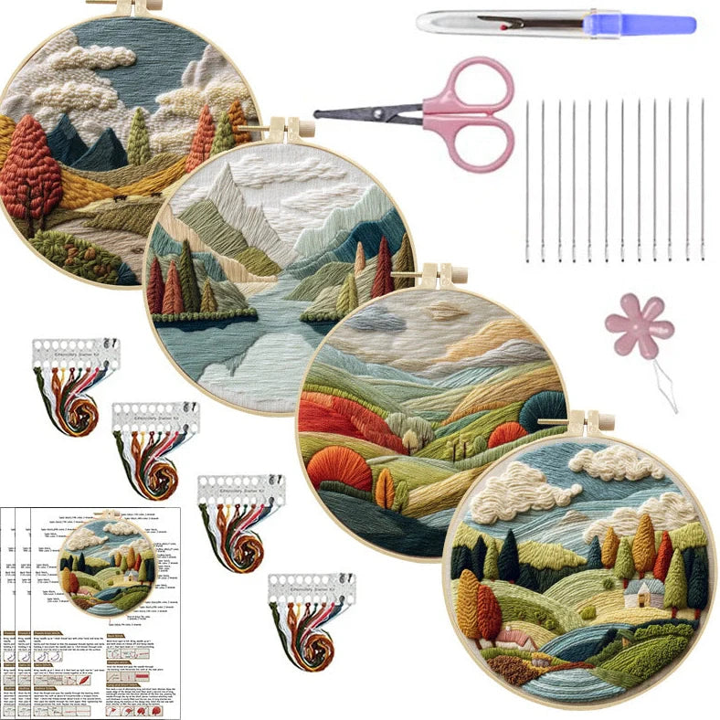 Embroidery DIY landscape kit with bamboo frame, printed fabric, thread, and needles for textile art