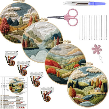 Embroidery DIY landscape kit with bamboo frame, printed fabric, thread, and needles for textile art