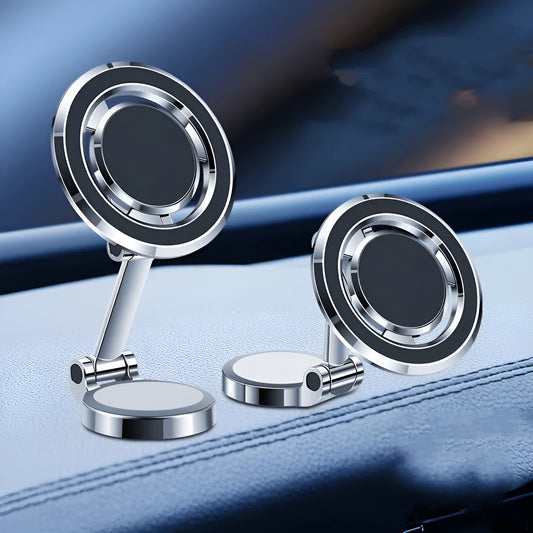 Obsidian black car phone holder with flexible arm and magnetic plate mounted on a car dashboard.