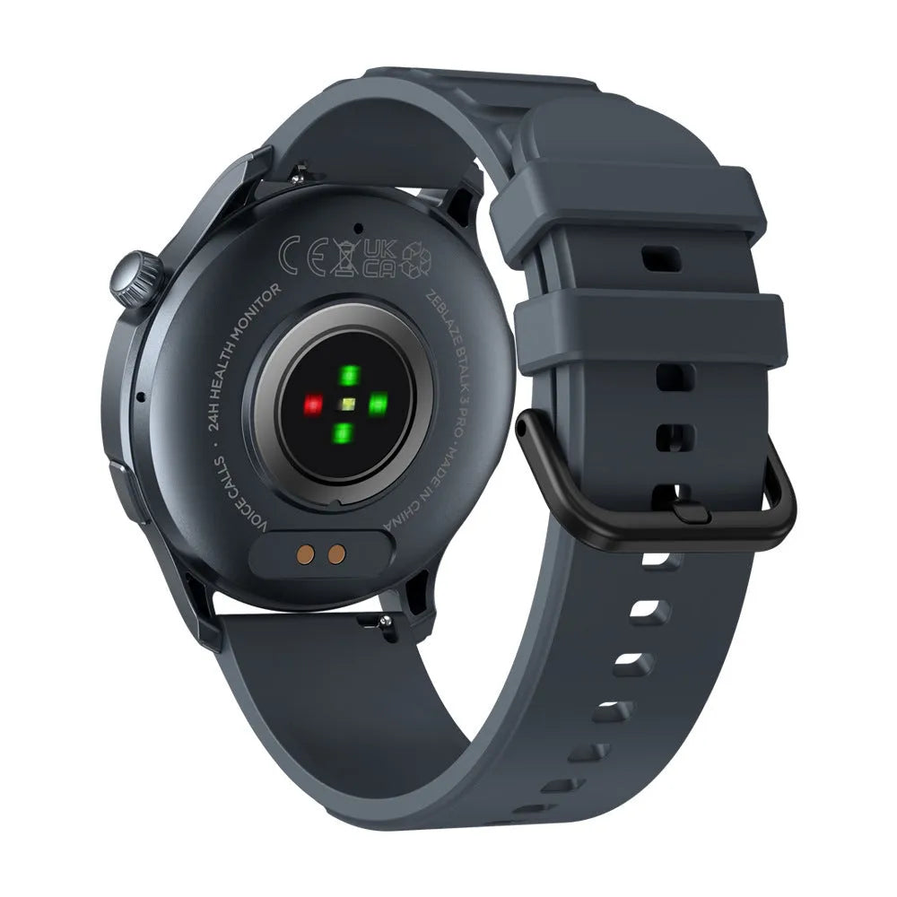 Btalk 3 Pro smart watch in blue showing AMOLED display with heart rate and call functions