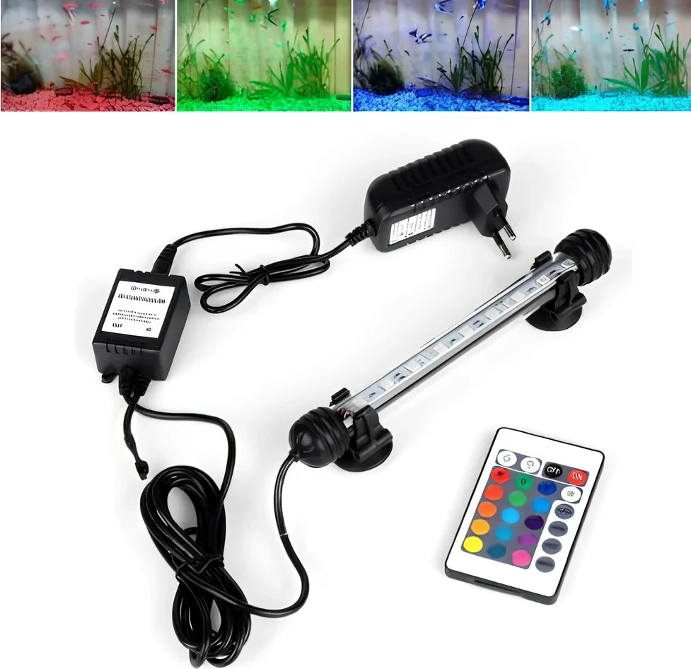 Aquarium waterproof lighting with remote control showing colour changing capability for water grass illumination
