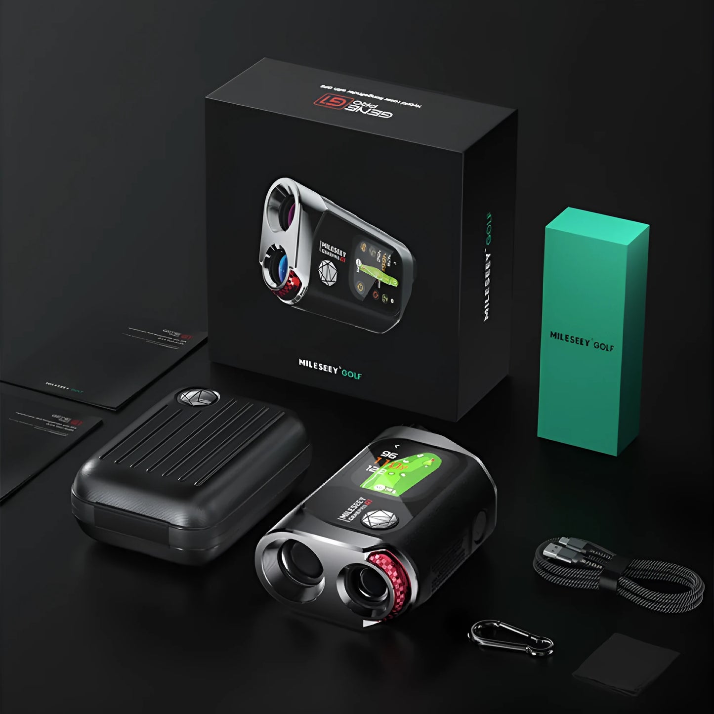 Black GenePro G1 GPS golf rangefinder showing its AMOLED touchscreen, held in hand.