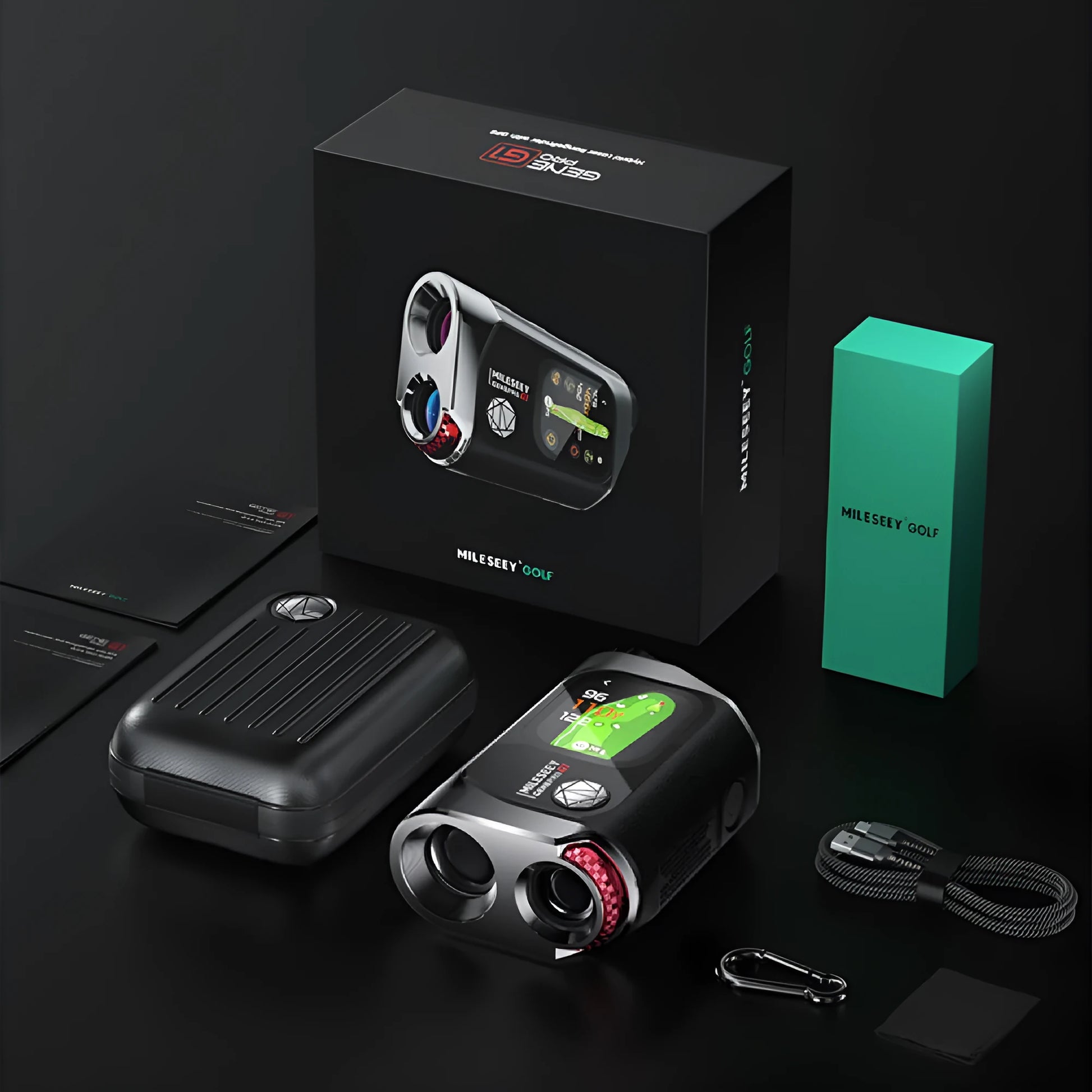 Black GenePro G1 GPS golf rangefinder showing its AMOLED touchscreen, held in hand.