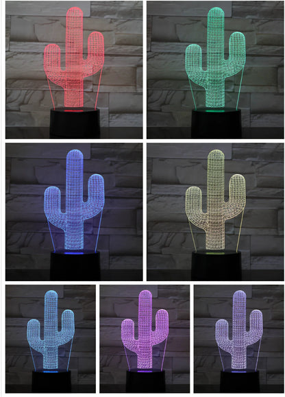 Cactus-shaped LED night light with 3D acrylic design showing colour-changing illumination in compact 200mm size