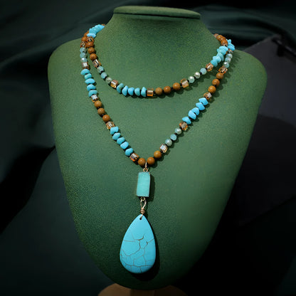 Blue turquoise heart-shaped pendant on ball bead chain with water drop geometry and adjustable 81cm length