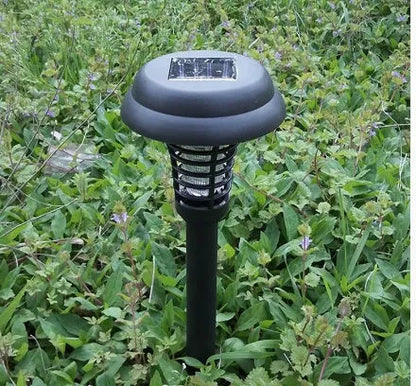 Black solar LED anti-mosquito lamp with UV bug zapper, metal grill and solar panel for outdoor garden use