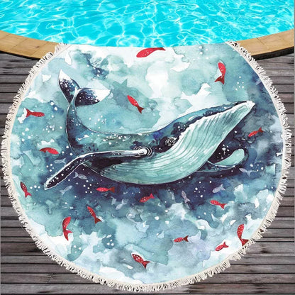 Marine Life Round Printed Beach Towel in microfiber with vibrant ocean design