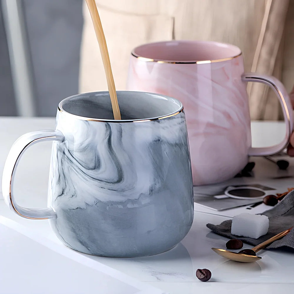 Grey marble pattern ceramic breakfast cereal mug with 350ml capacity and rounded handle