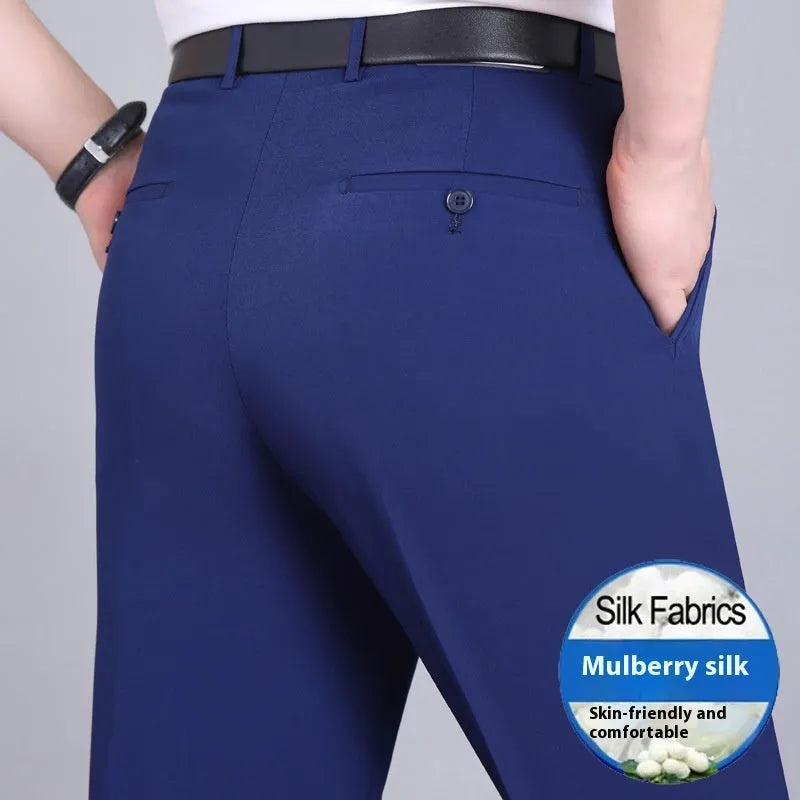 Men's dark blue high-waisted straight-leg non-ironing trousers made from a silk blend fabric.