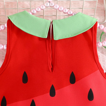 Girls sleeveless cartoon fruit print dress in colour QCQ40031AM, polyester fibre, sizes 6-9M to 2-3Y