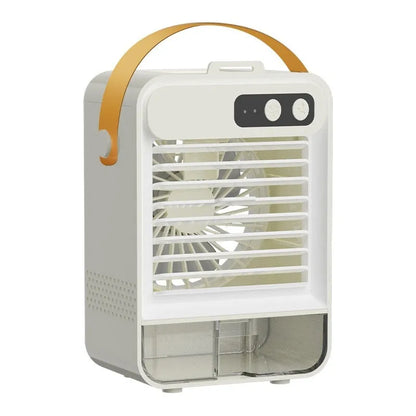 Dark green compact desktop air humidifier with USB port on a wooden desk.
