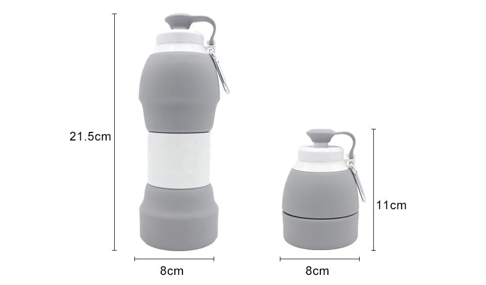 Blue silicone folding water bottle shown both extended and collapsed, next to a backpack.