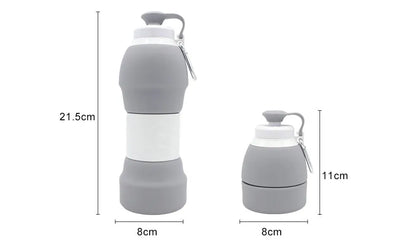 Blue silicone folding water bottle shown both extended and collapsed, next to a backpack.