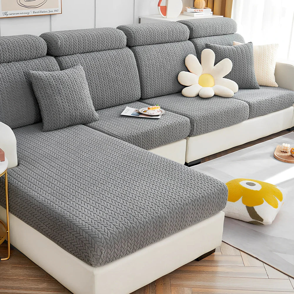 Elastic sofa cover with plant flower pattern on combination sofa in lake blue colour