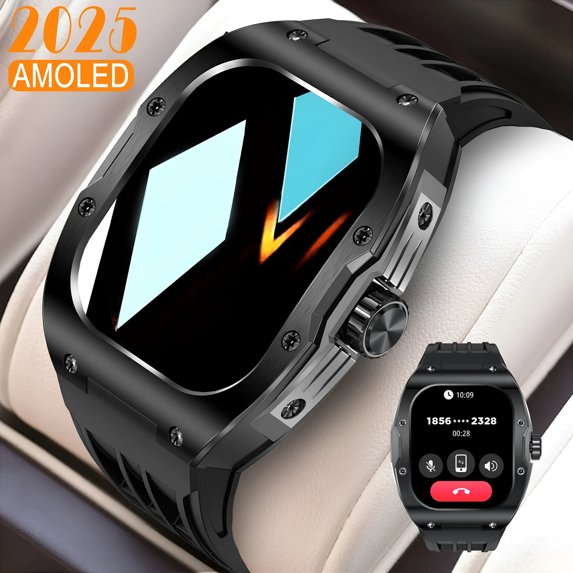Smart watch with AMOLED screen and Bluetooth calling function in black blue tape colour option