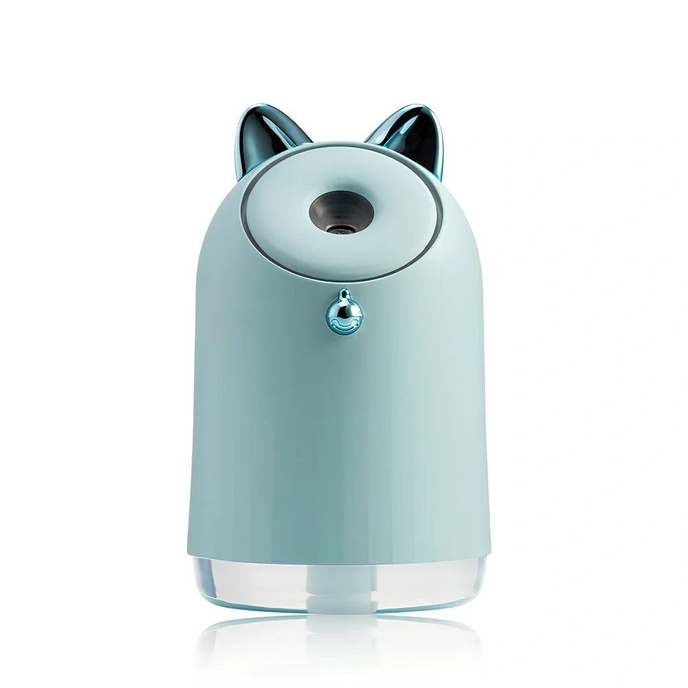 Blue humidifier table lamp with USB port, 80mm diameter, mist output and ambient lighting functions