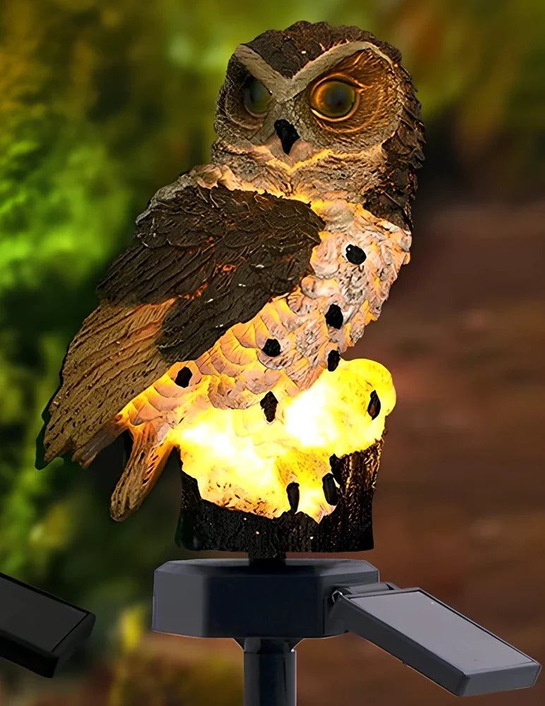 Brown solar owl garden light measuring 45cm height with solar panel on top for outdoor LED illumination