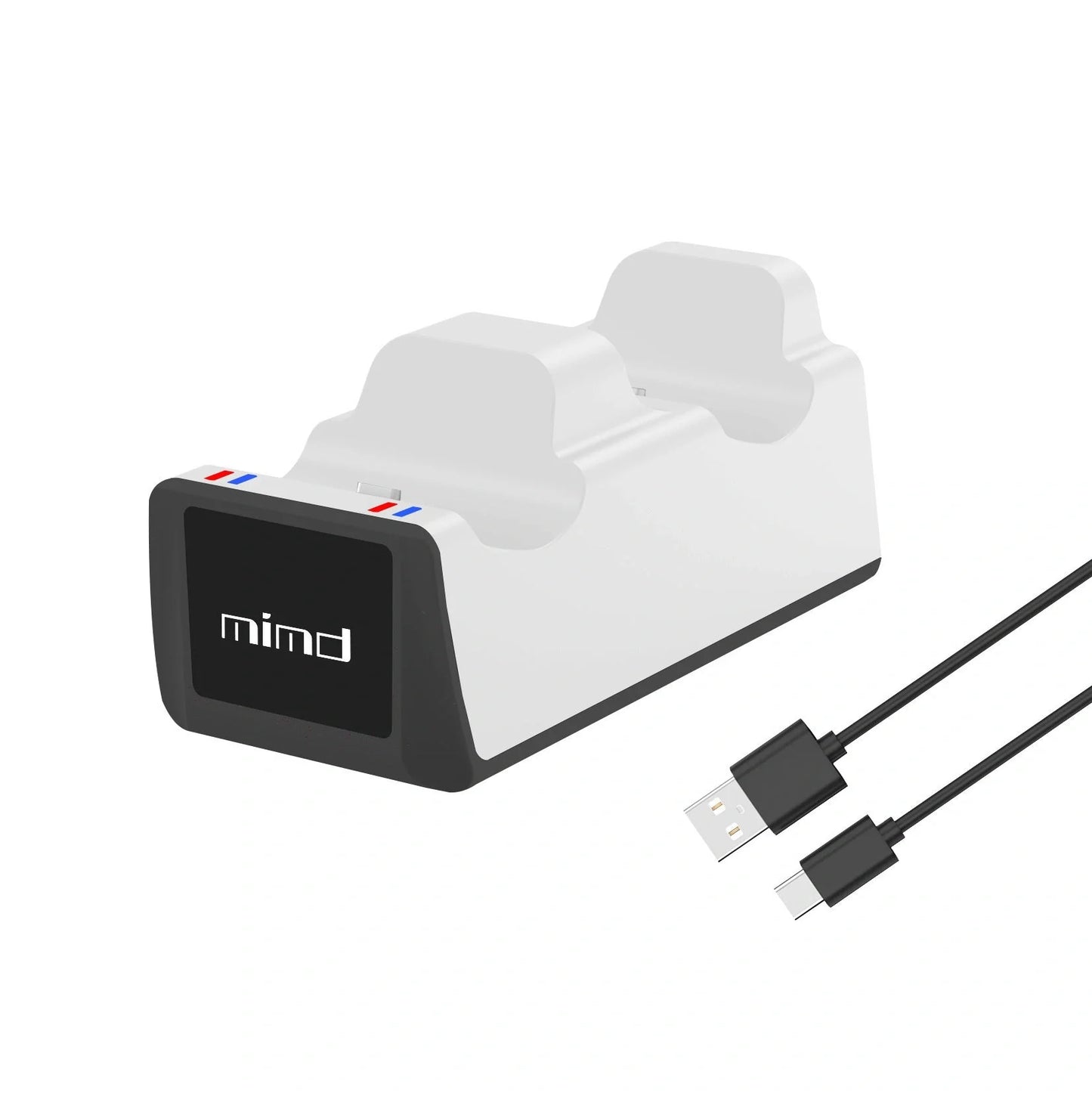 PS5 dual wireless controller charger with LED indicators in black and white