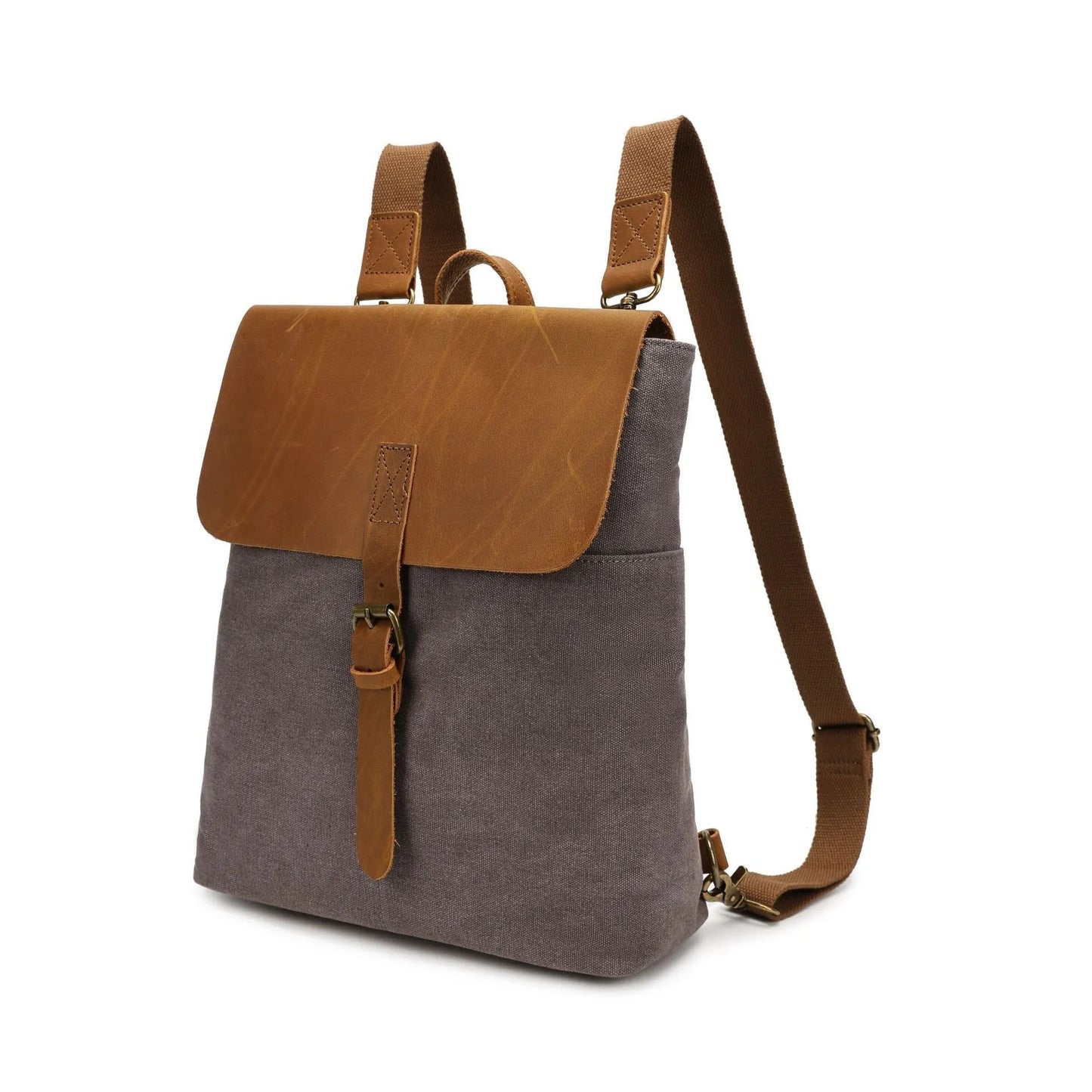 Crazy Horse leather trimmed waterproof canvas backpack in minimalist style, shown in multiple colour options.