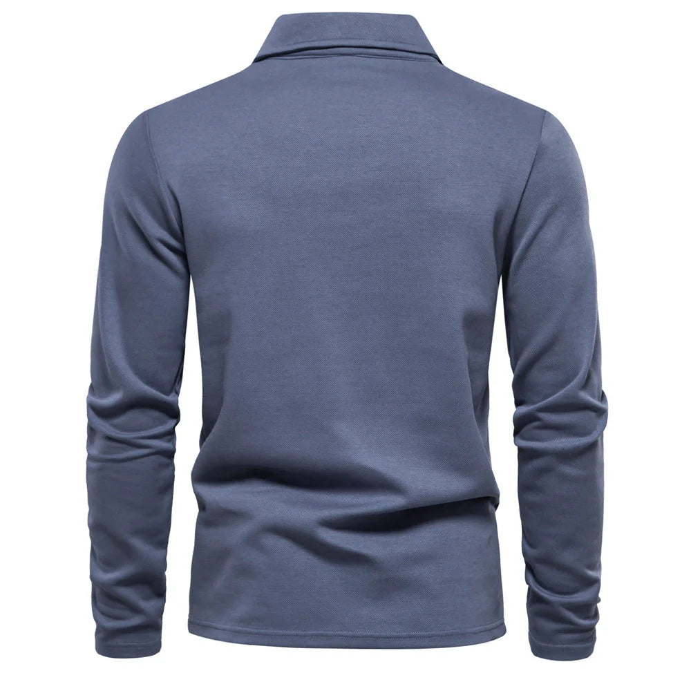 Stylish long-sleeve polo shirt in various colors, featuring a unique lapel design and made from premium cotton-blend fabric for comfort and durability.