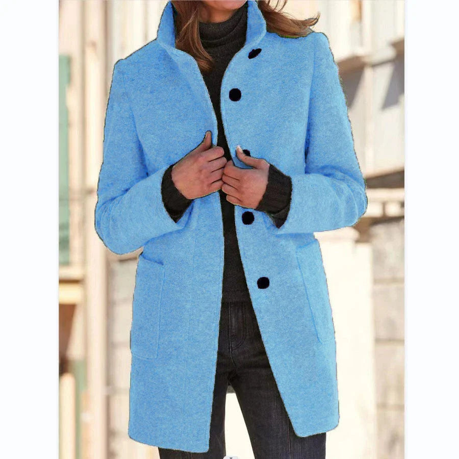 Fashionable woolen coat with stand collar, pockets, and button closure for women's fall and winter outerwear