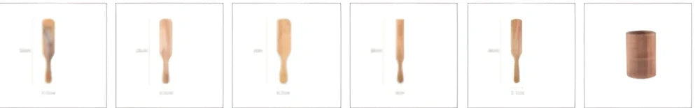 Five teak wood spatulas in sizes from 23cm to 34cm including kitchen shovel and cooking spatulas