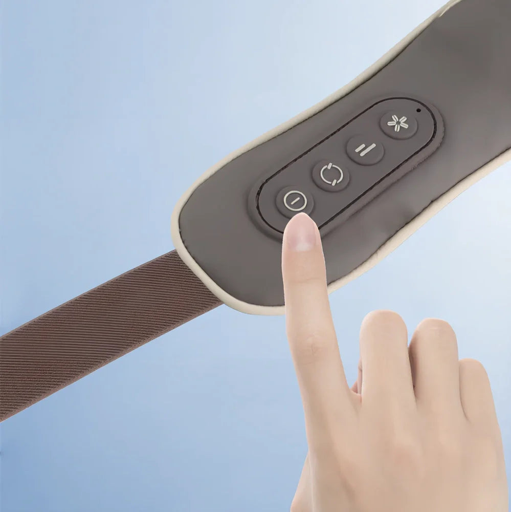 White and grey electric shoulder massager strap with adjustable length showing massage nodes and control button
