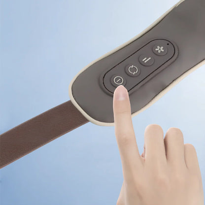 White and grey electric shoulder massager strap with adjustable length showing massage nodes and control button