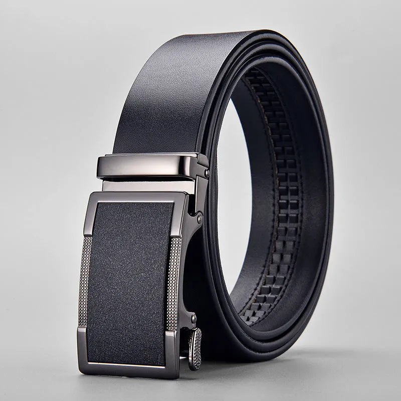 Men's two-layer cowhide leather belt with alloy automatic buckle, black or brown, 110cm to 130cm, 2-4cm width