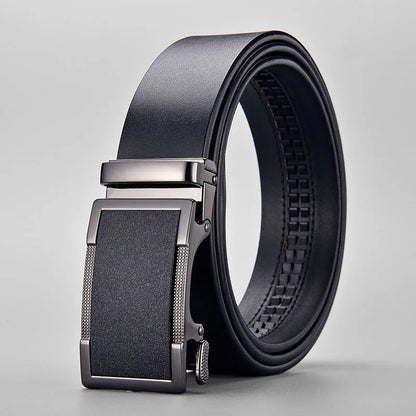 Men's two-layer cowhide leather belt with alloy automatic buckle, black or brown, 110cm to 130cm, 2-4cm width