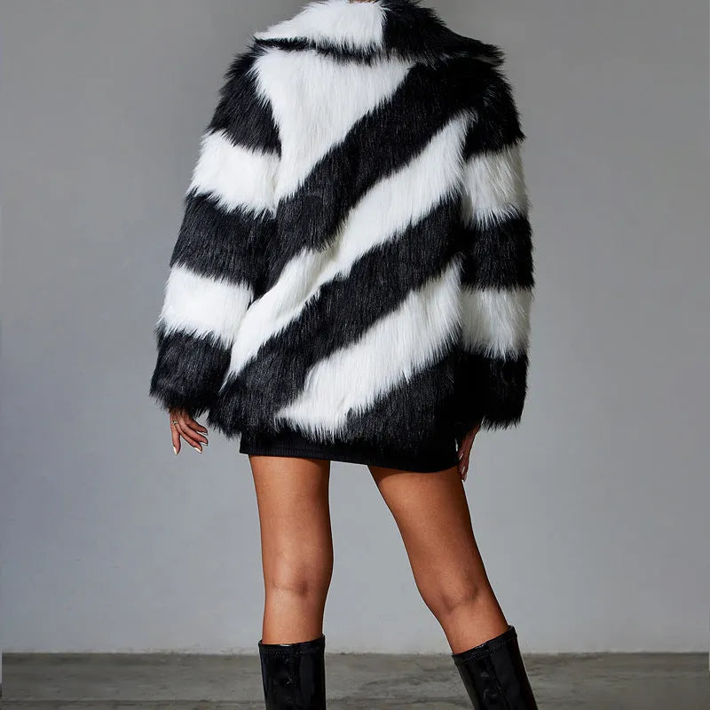 Lapel contrast colour faux fur coat with detachable fur collar, shown in picture colour, regular sleeves.