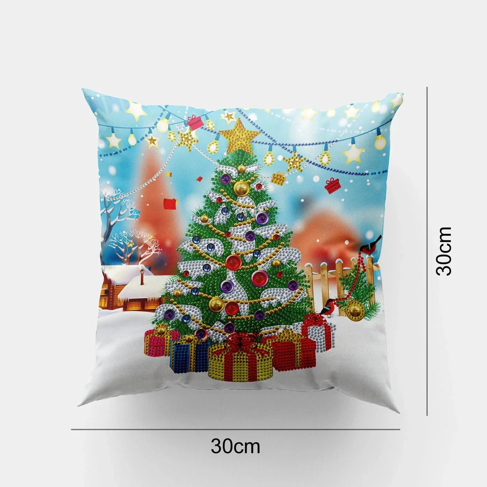 Handmade mandala pattern cushion cover with diamond painting accessories on wooden table