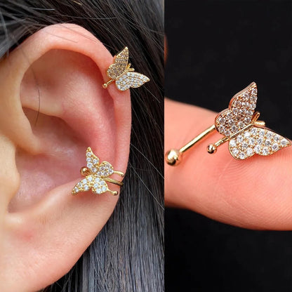Butterfly flower inlaid zircon pierced earrings in gold or silver copper for women